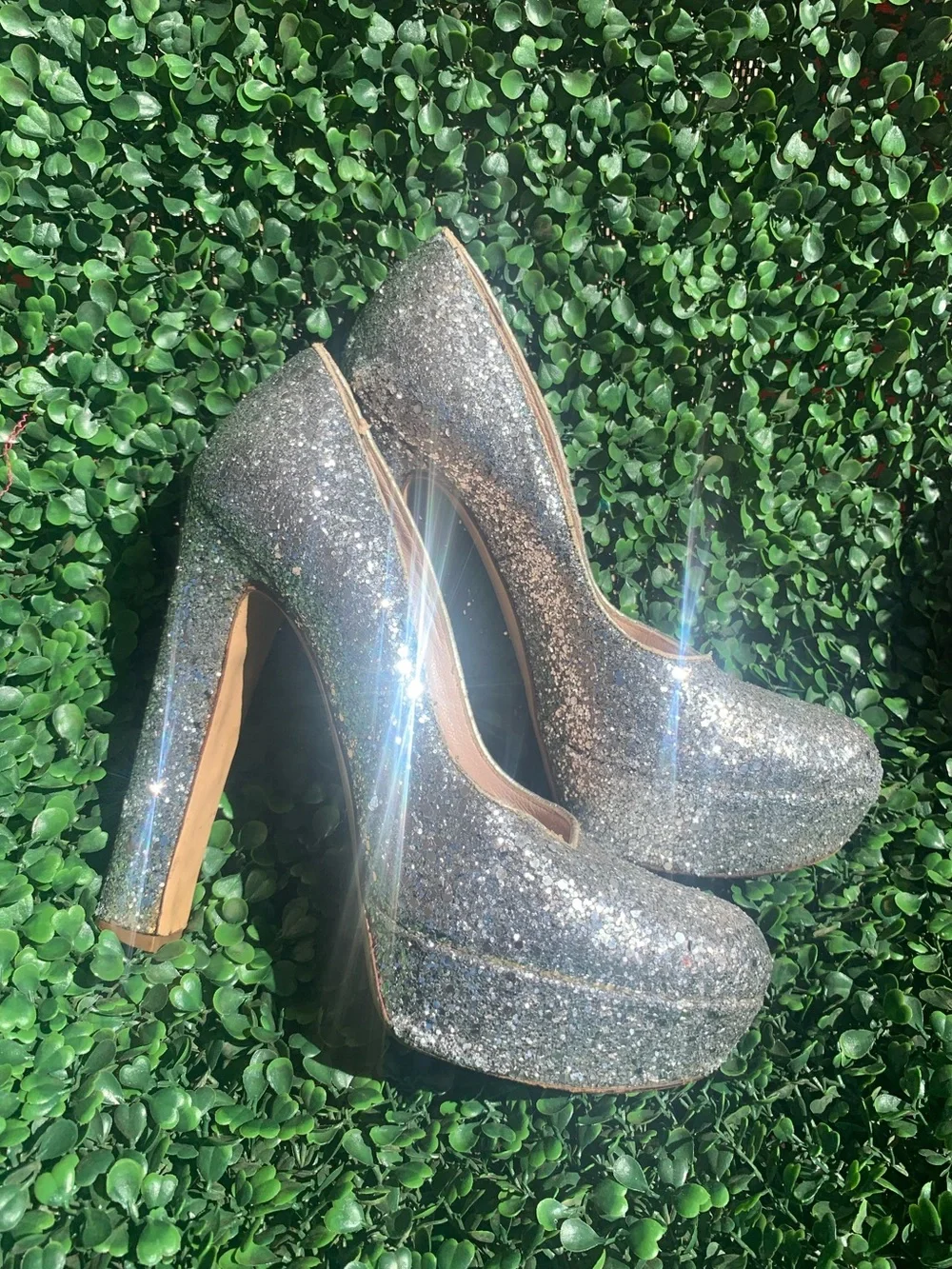 Refurbished Miu Miu silver glitter platform high chunky heels Sz 37 w/ 5” heel